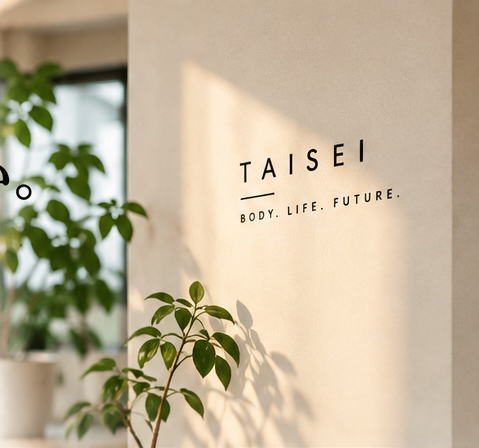 植物と、TAISEI BODY. LIFE. FUTURE.のロゴがある店内の壁