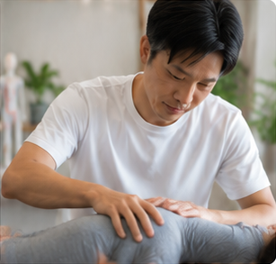 横になった人の身体を確認する男性